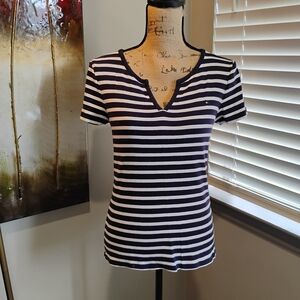 Navy Striped V-Neck Women's Tee